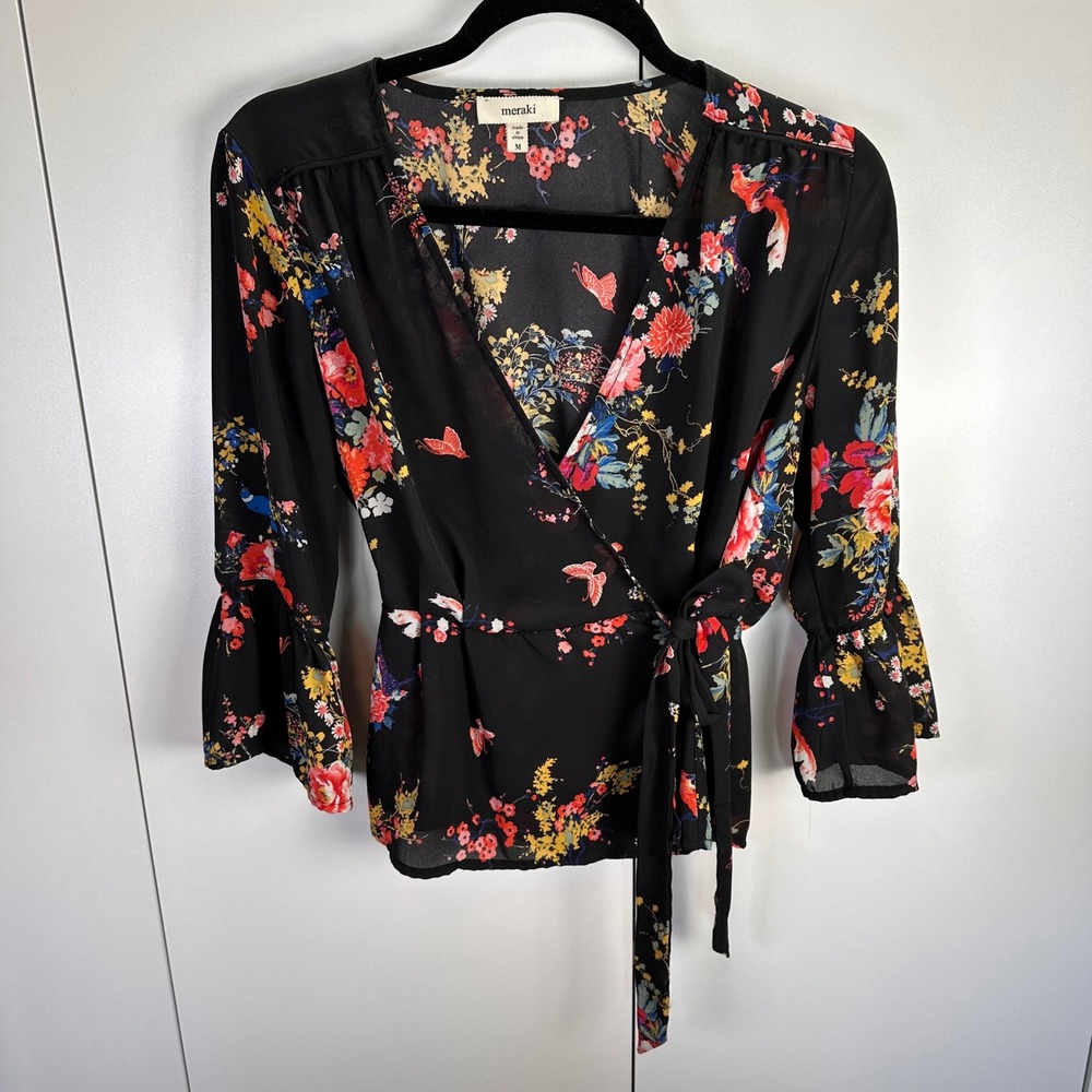 Meraki Womens Med Floral Print Wrap Blouse Bell Sleeve‎ Whimsy Goth Fairy Boho